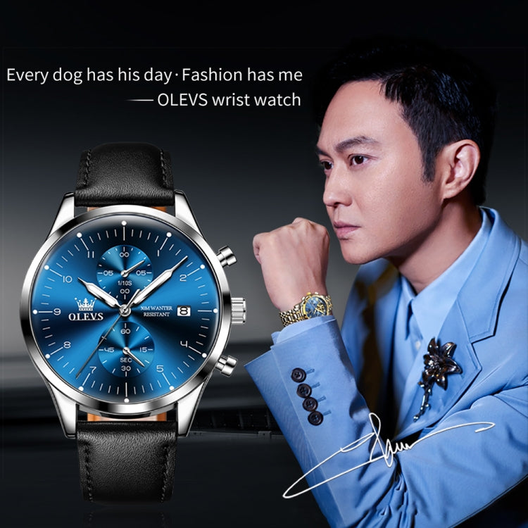 OLEVS 2880 Men Multifunctional Business Waterproof Leather Strap Quartz Watch(Blue) - Leather Strap Watches by OLEVS | Online Shopping South Africa | PMC Jewellery | Buy Now Pay Later Mobicred