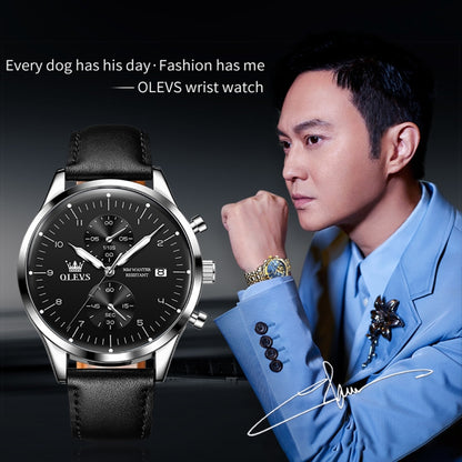 OLEVS 2880 Men Multifunctional Business Waterproof Leather Strap Quartz Watch(Black + Silver) - Leather Strap Watches by OLEVS | Online Shopping South Africa | PMC Jewellery