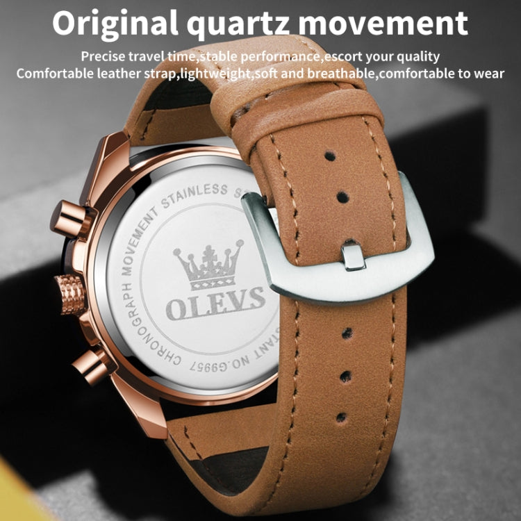 OLEVS 9957 Men Luminous Waterproof Leather Strap Quartz Watch(Blue + Rose Gold) - Leather Strap Watches by OLEVS | Online Shopping South Africa | PMC Jewellery