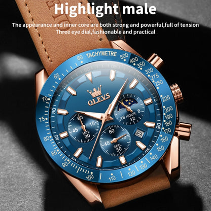 OLEVS 9957 Men Luminous Waterproof Leather Strap Quartz Watch(Blue) - Leather Strap Watches by OLEVS | Online Shopping South Africa | PMC Jewellery