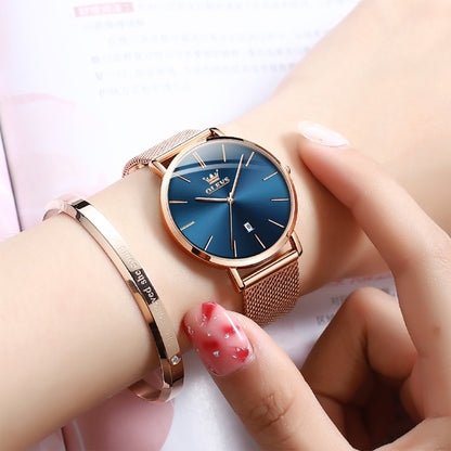 OLEVS 5869 Ladies Business Waterproof Steel Strap Quartz Watch(Blue + Rose Gold) - Metal Strap Watches by OLEVS | Online Shopping South Africa | PMC Jewellery