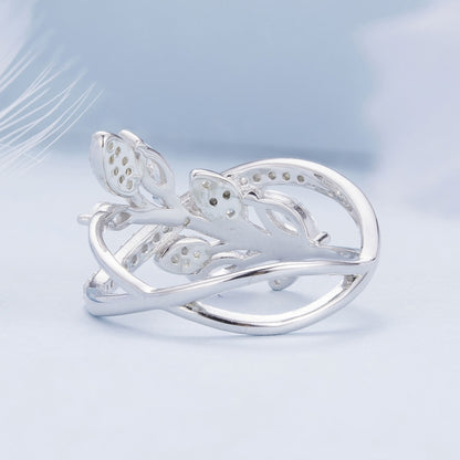 BSR453-6 S925 Sterling Silver White Gold Plated Zircon Luxury Leaf Ring - Rings by PMC Jewellery | Online Shopping South Africa | PMC Jewellery