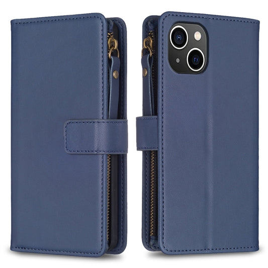 For iPhone 15 9 Card Slots Zipper Wallet Leather Flip Phone Case(Blue) - iPhone 15 Cases by PMC Jewellery | Online Shopping South Africa | PMC Jewellery