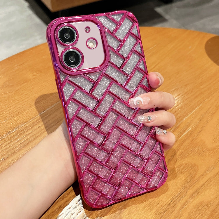 For iPhone 12 Woven Grid 3D Electroplating Laser Engraving Glitter Paper Phone Case(Rose Red) - iPhone 12 / 12 Pro Cases by PMC Jewellery | Online Shopping South Africa | PMC Jewellery