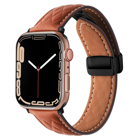 For Apple Watch SE 2022 44mm Folding Buckle Rhombus Leather Watch Band(Brown) - Watch Bands by PMC Jewellery | Online Shopping South Africa | PMC Jewellery