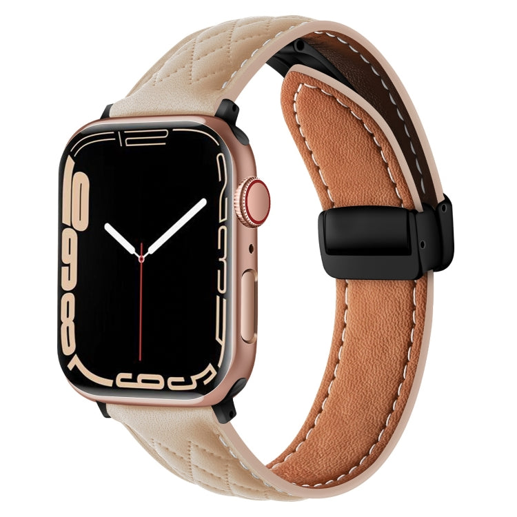 For Apple Watch 2 38mm Folding Buckle Rhombus Leather Watch Band(Apricot) - Watch Bands by PMC Jewellery | Online Shopping South Africa | PMC Jewellery