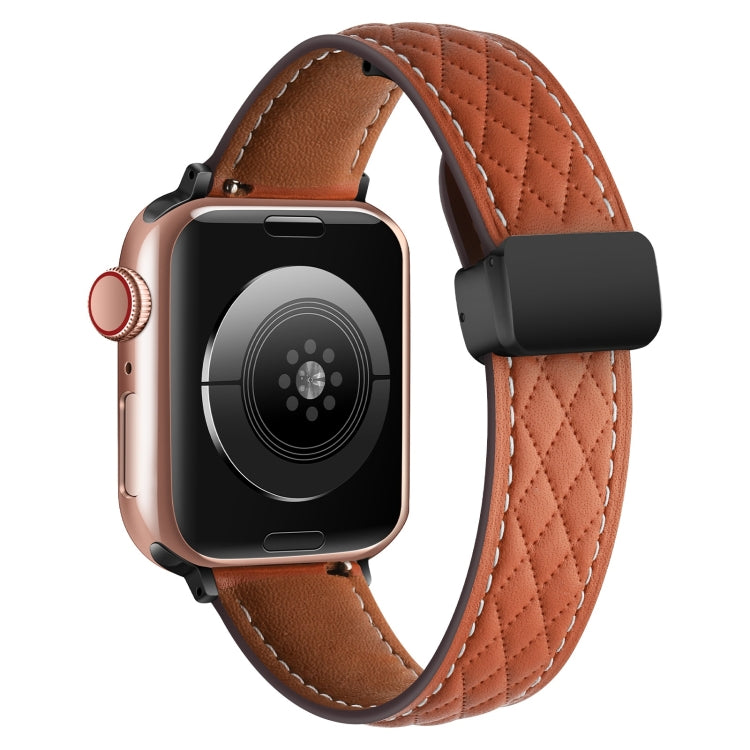 For Apple Watch 42mm Folding Buckle Rhombus Leather Watch Band(Brown) - Watch Bands by PMC Jewellery | Online Shopping South Africa | PMC Jewellery