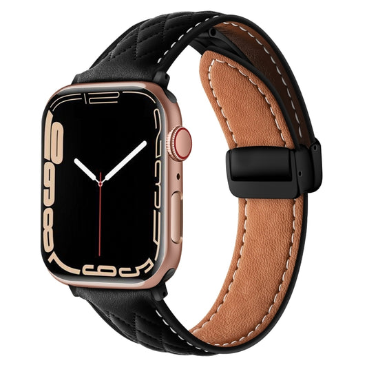 For Apple Watch SE 2023 44mm Folding Buckle Rhombus Leather Watch Band(Black) - Watch Bands by PMC Jewellery | Online Shopping South Africa | PMC Jewellery