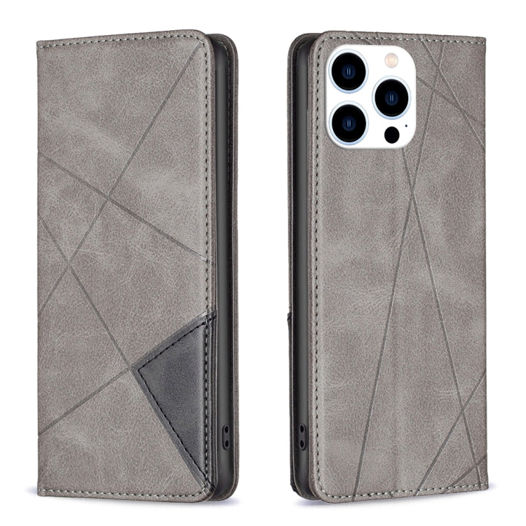 For iPhone 15 Pro Rhombus Texture Magnetic Leather Phone Case(Grey) - iPhone 15 Pro Cases by PMC Jewellery | Online Shopping South Africa | PMC Jewellery