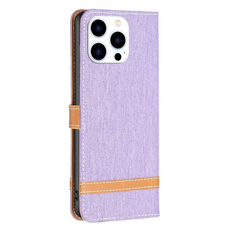 For iPhone 15 Pro Color Block Denim Texture Leather Phone Case(Purple) - iPhone 15 Pro Cases by PMC Jewellery | Online Shopping South Africa | PMC Jewellery