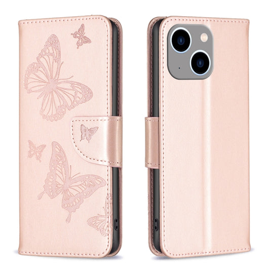 For iPhone 15 Plus Embossing Two Butterflies Pattern Leather Phone Case(Rose Gold) - iPhone 15 Plus Cases by PMC Jewellery | Online Shopping South Africa | PMC Jewellery