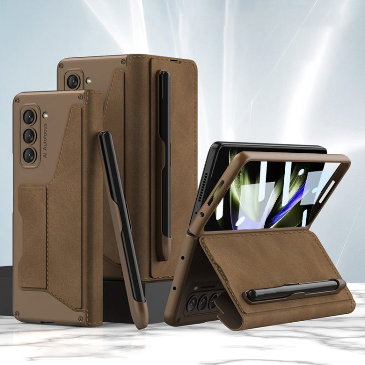 For Samsung Galaxy Z Fold5 5G GKK Screen Tempered Glass Film Armor Flip Leather Case with Pen Slot(Brown) - Galaxy Z Fold5 Cases by GKK | Online Shopping South Africa | PMC Jewellery | Buy Now Pay Later Mobicred