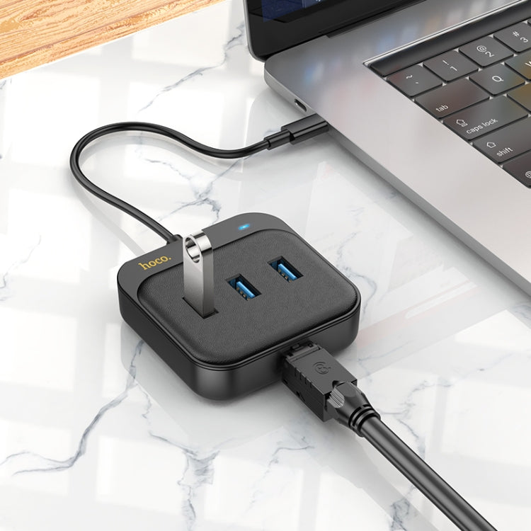 hoco HB35 4 in 1 USB-C / Type-C to USB3.0x3+RJ45 Gigabit Ethernet Adapter, Cable Length: 0.2m(Black) - USB Network Adapter by hoco | Online Shopping South Africa | PMC Jewellery