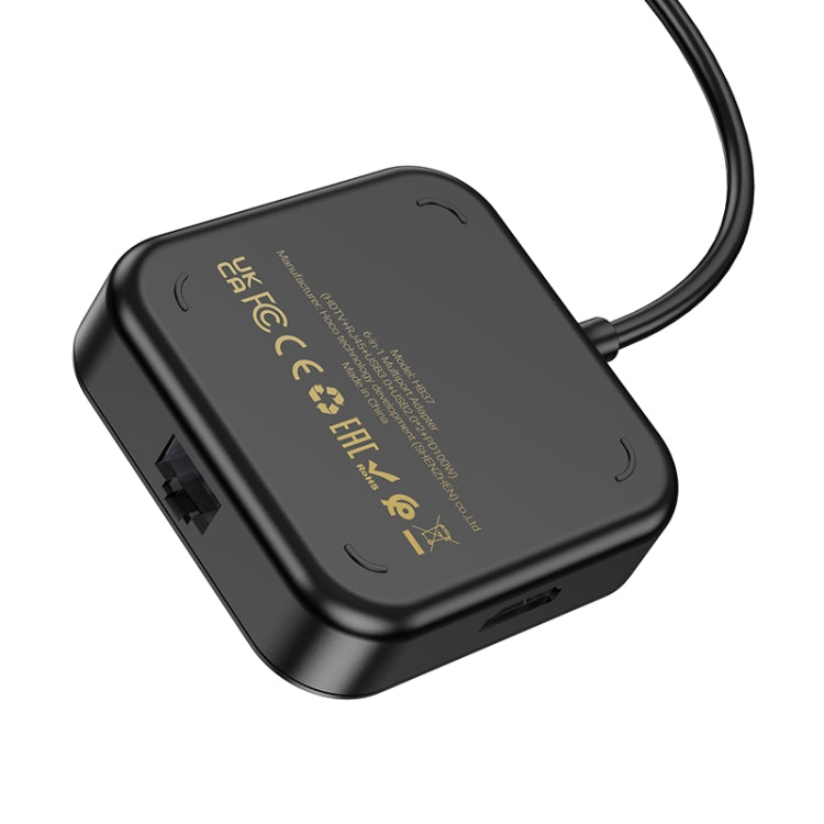hoco HB37 6 in 1 HDTV+RJ45+USB3.0+USB2.0x2+PD100W Converter, Cable Length: 0.2m(Black) - USB HUB by hoco | Online Shopping South Africa | PMC Jewellery