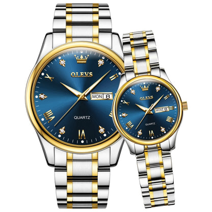 1pair OLEVS 5563 Couple Luminous Waterproof Quartz Watch(Blue + Gold) - Couple Watches by OLEVS | Online Shopping South Africa | PMC Jewellery | Buy Now Pay Later Mobicred