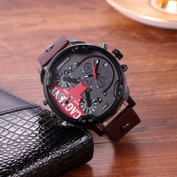 CAGARNY 6820 Men Dual Movement Red Face Leather Strap Quartz Watch(Brown) - Leather Strap Watches by PMC Jewellery | Online Shopping South Africa | PMC Jewellery