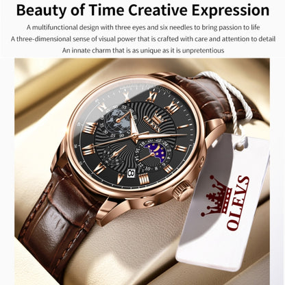 OLEVS 2893 Men Multifunctional Business Quartz Watch(Brown + Black) - Leather Strap Watches by OLEVS | Online Shopping South Africa | PMC Jewellery