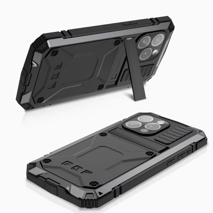 For iPhone 15 Pro Max R-JUST Shockproof Life Waterproof Dust-proof Metal + Silicone Phone Case with Holder(Black) - iPhone 15 Pro Max Cases by R-JUST | Online Shopping South Africa | PMC TechLife | Buy Now Pay Later Mobicred