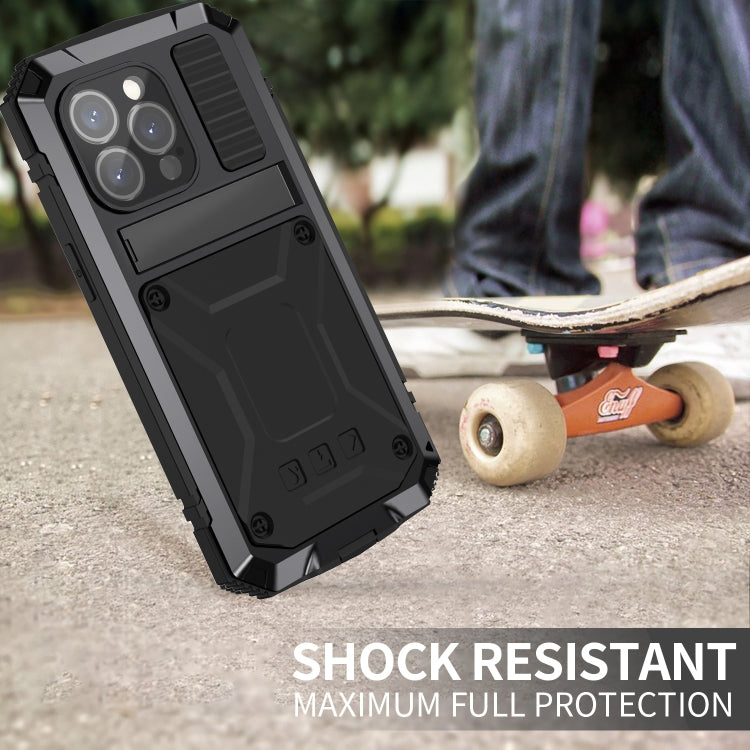 For iPhone 15 Pro Max R-JUST Shockproof Life Waterproof Dust-proof Metal + Silicone Phone Case with Holder(Black) - iPhone 15 Pro Max Cases by R-JUST | Online Shopping South Africa | PMC TechLife | Buy Now Pay Later Mobicred