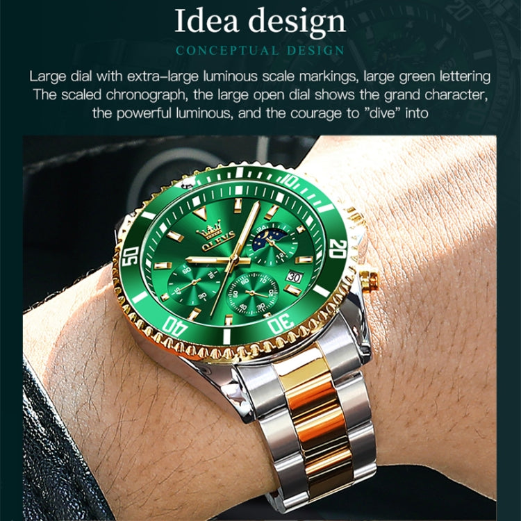 OLEVS 2870 Men Multifunctional Chronograph Three Eyes Waterproof Quartz Watch(Green + Gold) - Metal Strap Watches by OLEVS | Online Shopping South Africa | PMC Jewellery | Buy Now Pay Later Mobicred