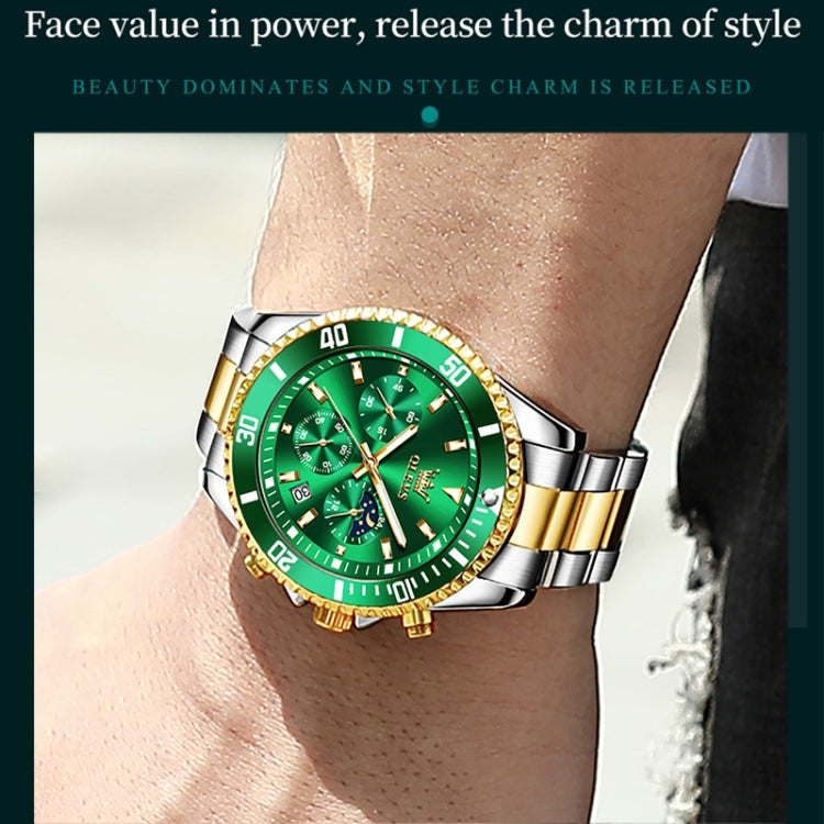 OLEVS 2870 Men Multifunctional Chronograph Three Eyes Waterproof Quartz Watch(Green + Gold) - Metal Strap Watches by OLEVS | Online Shopping South Africa | PMC Jewellery | Buy Now Pay Later Mobicred