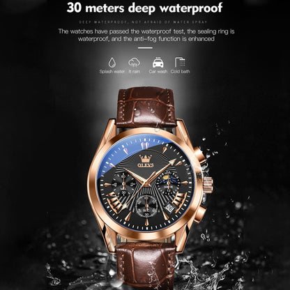 OLEVS 2876 Men Multifunctional Sports Chronograph Quartz Watch(Black + Rose Gold) - Leather Strap Watches by OLEVS | Online Shopping South Africa | PMC Jewellery | Buy Now Pay Later Mobicred