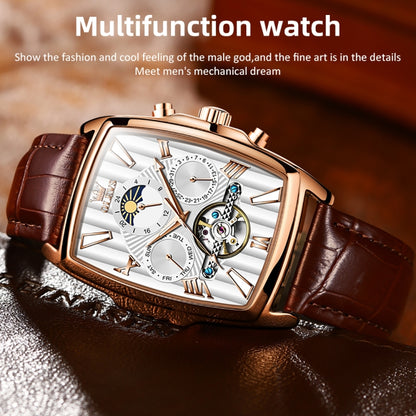 OLEVS 6675 Men Multifunctional Moon Phase Tourbillon Mechanical Watch(White + Rose Gold) - Leather Strap Watches by OLEVS | Online Shopping South Africa | PMC Jewellery