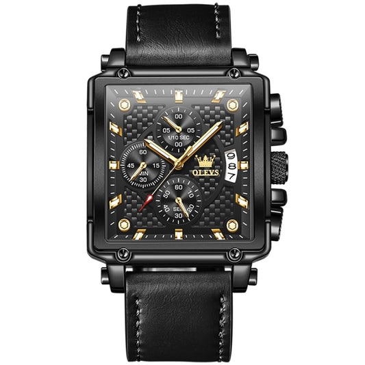 OLEVS 9925 Men Square Dial Multifunctional Waterproof Quartz Watch(Black) - Leather Strap Watches by OLEVS | Online Shopping South Africa | PMC Jewellery