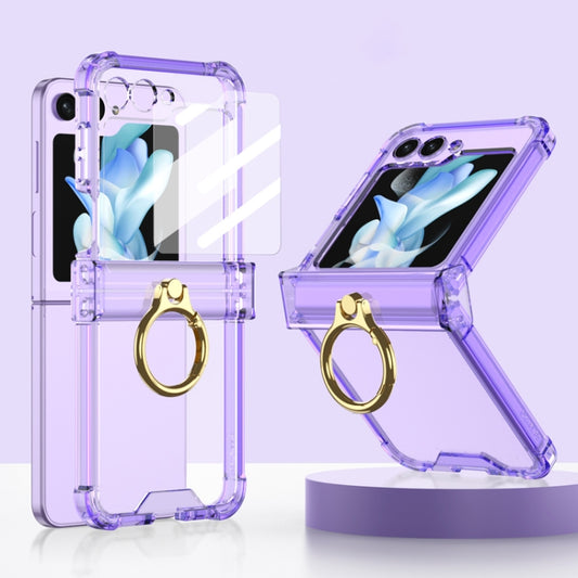 For Samsung Galaxy Z Flip5 Gkk Airbag Hinge Silicone Phone Case with Ring Holder & Tempered Film(Transparent Purple) - Galaxy Z Flip5 Cases by GKK | Online Shopping South Africa | PMC Jewellery