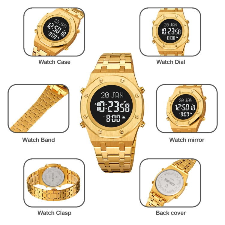 SKMEI 2043 Multifunctional Muslim Worships Compass Digital Wrist Watch(Silver Gold+Black) - Metal Strap Watches by SKMEI | Online Shopping South Africa | PMC Jewellery | Buy Now Pay Later Mobicred