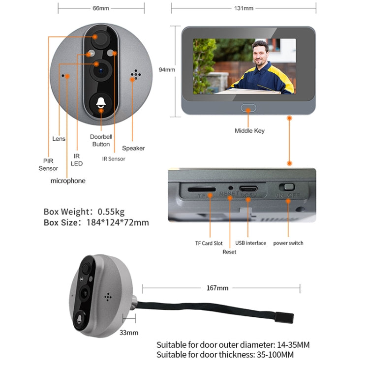 ESCAM C87 1080P 4.3 inch Smart WiFi Digital Door Viewer Supports Wide-Angle PIR & Night Vision & Dingdong Photo(White) - Video DoorBell by ESCAM | Online Shopping South Africa | PMC Jewellery | Buy Now Pay Later Mobicred