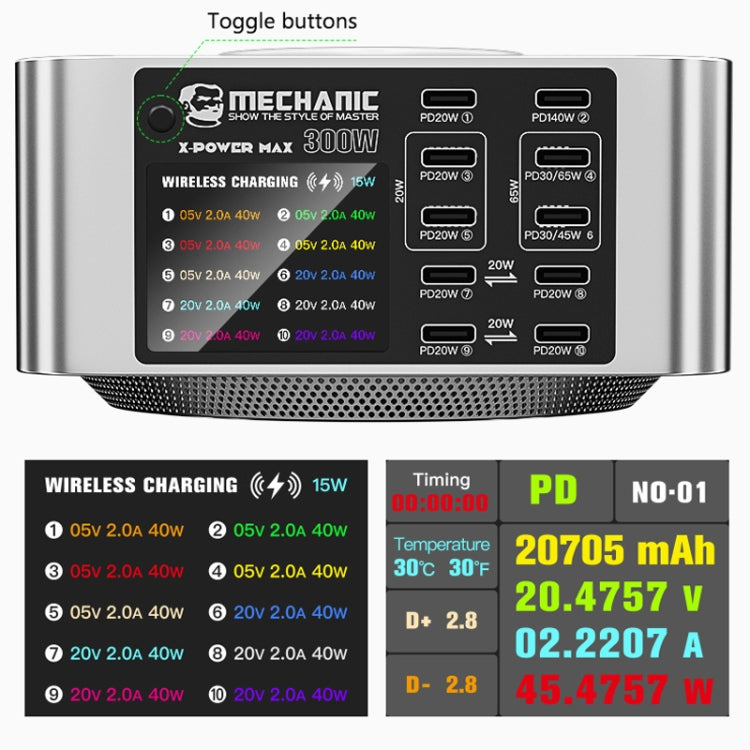 Mechanic X-Power Series Multiport Digital Display USB Charger Station with Wireless Charging, Total Power:200W(EU Plug) - Dock Charger by MECHANIC | Online Shopping South Africa | PMC Jewellery | Buy Now Pay Later Mobicred