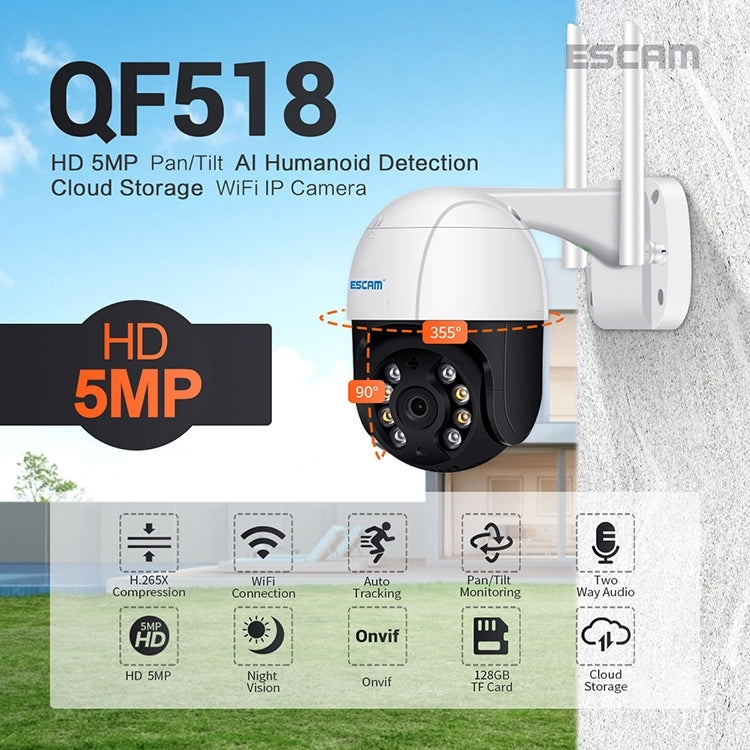 ESCAM QF518 5MP Smart WiFi IP Camera, Support AI Humanoid Detection / Auto Tracking / Dual Light Night Vision / Cloud Storage / Two Way Audio / TF Card, Plug:EU Plug(White) - free shipping - PMC TechLife - Order now!