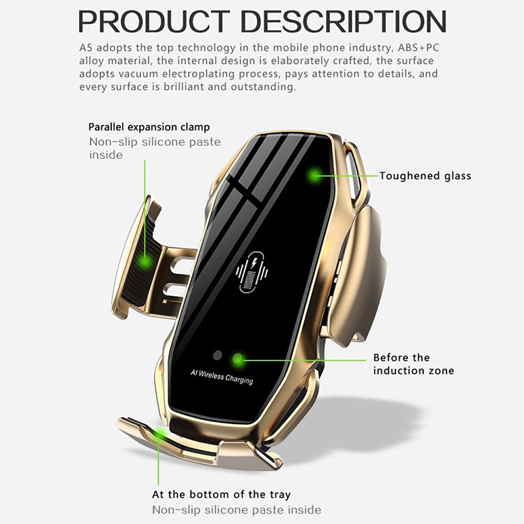 A5 10W Car Infrared Wireless Mobile Auto-sensing Phone Charger Holder, Interface：USB-C / Type-C(Gold) - Wireless Charger Holders by PMC Jewellery | Online Shopping South Africa | PMC Jewellery