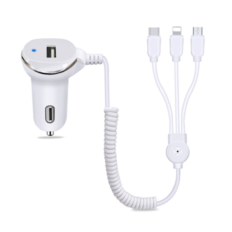 WK WP-C24 3.1A Explore The 3-in-1 Free Edition 8 Pin / Micro USB / USB-C / Type-C Data Cable + USB Car Charger (White) - Car Charger by WK | Online Shopping South Africa | PMC Jewellery | Buy Now Pay Later Mobicred