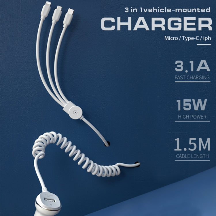 WK WP-C24 3.1A Explore The 3-in-1 Free Edition 8 Pin / Micro USB / USB-C / Type-C Data Cable + USB Car Charger (White) - Car Charger by WK | Online Shopping South Africa | PMC Jewellery | Buy Now Pay Later Mobicred