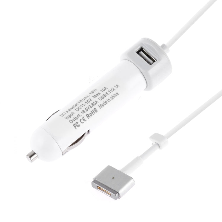 60W 5.1V 2.1A USB Interface Car Charger with 16.5V 3.65A T MagSafe 2 Interface Data Cable(White) - Car Charger by PMC TechLife | Online Shopping South Africa | PMC TechLife