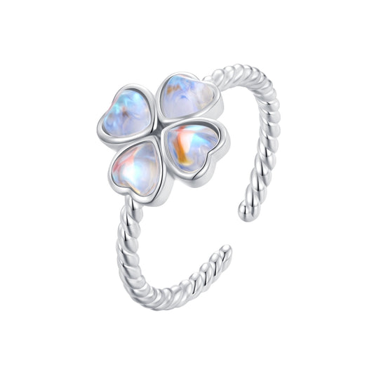 BSR458-E S925 Sterling Silver White Gold Plated Lucky Clover Open Adjustable Ring - Rings by PMC Jewellery | Online Shopping South Africa | PMC Jewellery