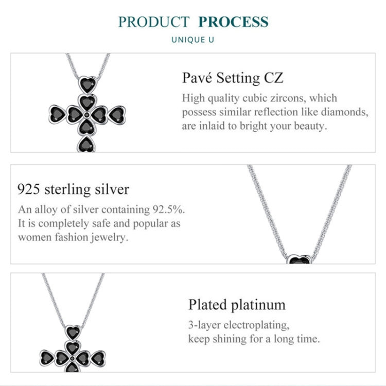 BSN335 Sterling Silver S925 White Gold Plated Zircon Black Heart Cross - Necklaces & Pendants by PMC Jewellery | Online Shopping South Africa | PMC Jewellery