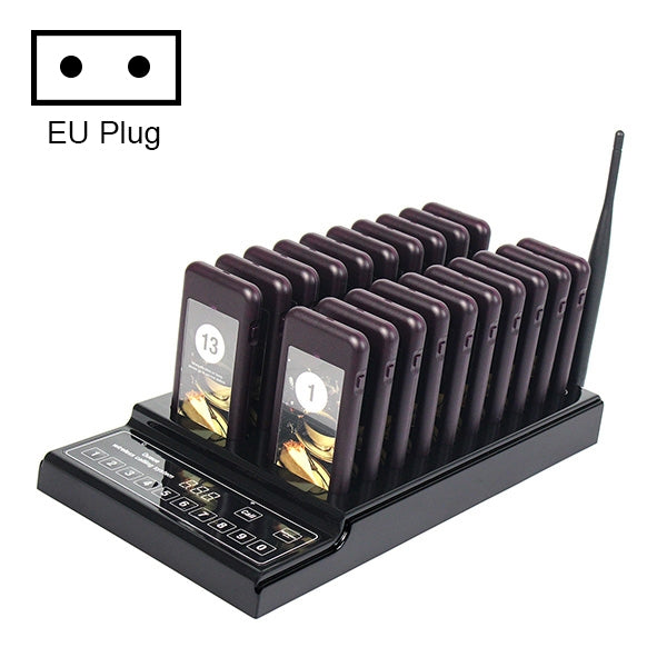 QC100 999 Channel Restaurant Wireless Paging Queuing Calling System with 20 Call Coaster Pagers, EU Plug - Alarm System by PMC TechLife | Online Shopping South Africa | PMC TechLife