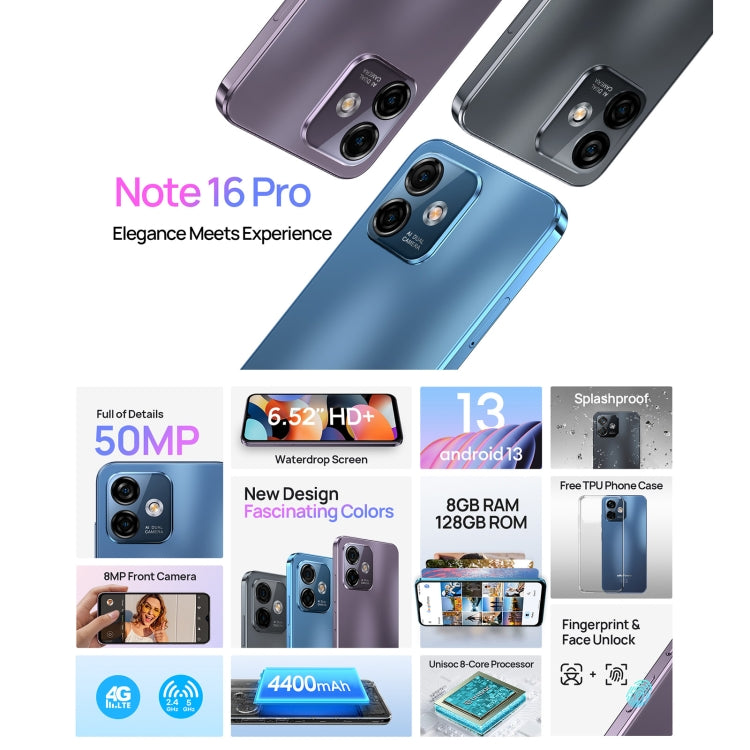 [HK Warehouse] Ulefone Note 16 Pro, 8GB+128GB, Dual Back Cameras, Face ID & Side Fingerprint Identification, 4400mAh Battery, 6.52 inch Android 13 Unisoc T606 OctaCore up to 1.6GHz, Network: 4G, Dual SIM, OTG(Blue) - Ulefone by Ulefone | Online Shopping South Africa | PMC Jewellery