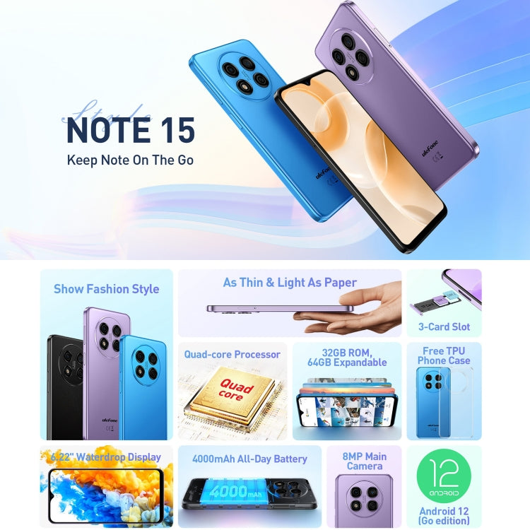 [HK Warehouse] Ulefone Note 15, 2GB+32GB, Face ID Identification, 6.22 inch Android 12 GO MediaTek MT6580 Quad-core up to 1.3GHz, Network: 3G, Dual SIM(Blue) - Ulefone by Ulefone | Online Shopping South Africa | PMC Jewellery