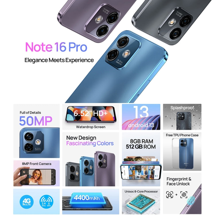 [HK Warehouse] Ulefone Note 16 Pro, 8GB+512GB, Dual Back Cameras, Face ID & Side Fingerprint Identification, 4400mAh Battery, 6.52 inch Android 13 Unisoc T606 Octa Core up to 1.6GHz, Network: 4G, Dual SIM, OTG (Purple) - Ulefone by PMC Jewellery | Online Shopping South Africa | PMC Jewellery