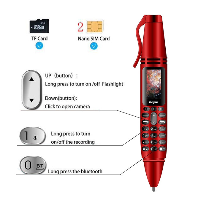 AK007 Mobile Phone, Multifunctional Remote Noise Reduction Back-clip Recording Pen with 0.96 inch Color Screen, Dual SIM Dual Standby, Support Bluetooth, GSM, LED Light, Handwriting (Red) - Others by PMC Jewellery | Online Shopping South Africa | PMC Jewellery