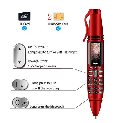 AK007 Mobile Phone, Multifunctional Remote Noise Reduction Back-clip Recording Pen with 0.96 inch Color Screen, Dual SIM Dual Standby, Support Bluetooth, GSM, LED Light, Handwriting (Red) - Others by PMC Jewellery | Online Shopping South Africa | PMC Jewellery