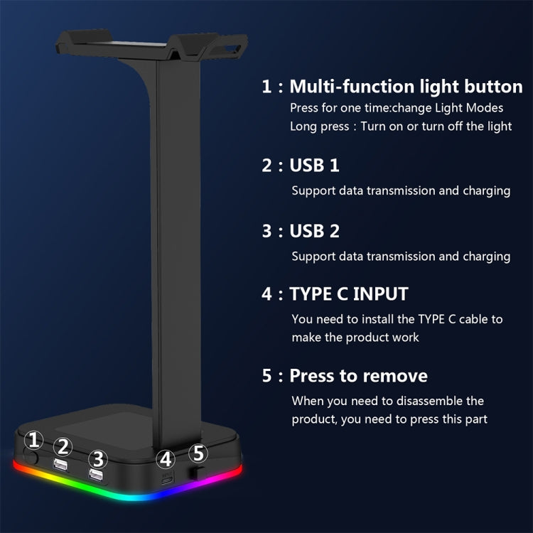 RGBD9 Colorful Glowing Gaming Headset Display Stand with Charging + Data Transmission Dual USB Interface (Black) - Anti-lost & Holder by PMC Jewellery | Online Shopping South Africa | PMC Jewellery