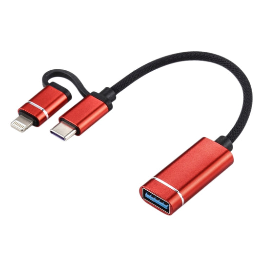 USB 3.0 Female to 8 Pin + USB-C / Type-C Male Charging + Transmission OTG Nylon Braided Adapter Cable, Cable Length: 11cm(Red) - Converter & Adapter by PMC Jewellery | Online Shopping South Africa | PMC Jewellery