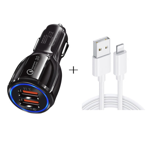 Qc3.0 Dual USB Car Charger + 8 Pin Fast Charging Line Car Charging Kit(Black) - Car Charger by PMC Jewellery | Online Shopping South Africa | PMC Jewellery