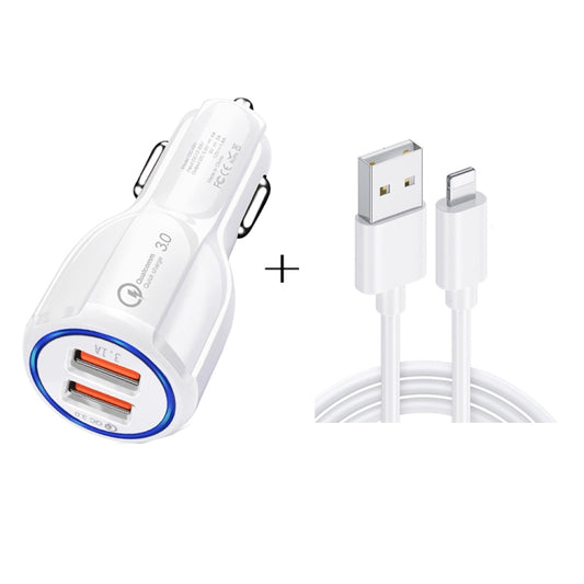 Qc3.0 Dual USB Car Charger + 8 Pin Fast Charging Line Car Charging Kit(White) - Car Charger by PMC Jewellery | Online Shopping South Africa | PMC Jewellery