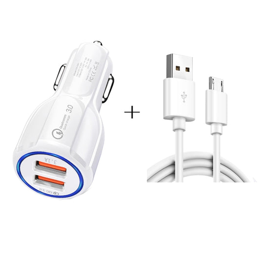 Qc3.0 Dual USB Car Charger + Micro USB Fast Charging Cable Car Charging Kit(White) - Car Charger by PMC Jewellery | Online Shopping South Africa | PMC Jewellery